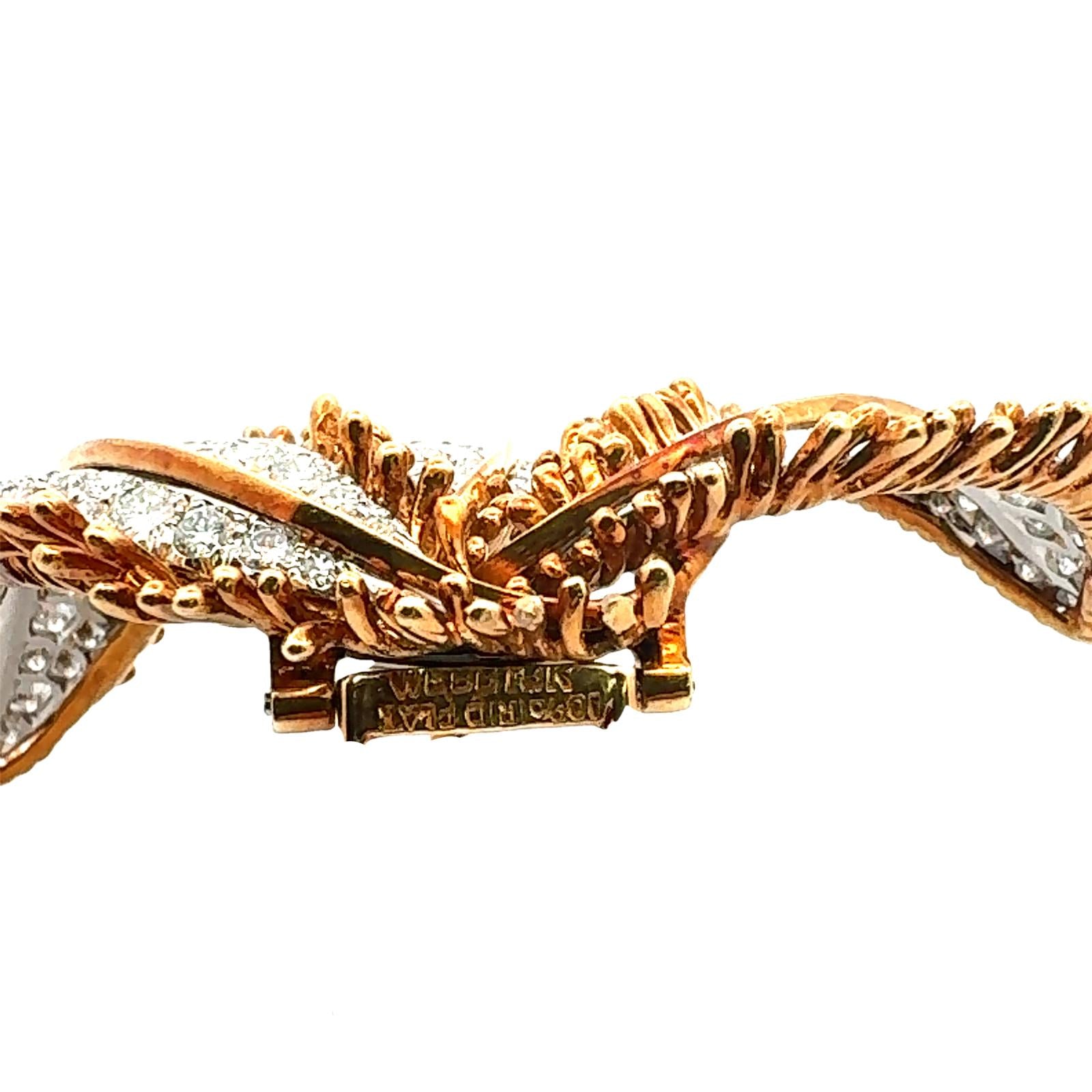 David Webb Diamond 18 Karat Yellow Gold Platinum Vintage Leaf Brooch