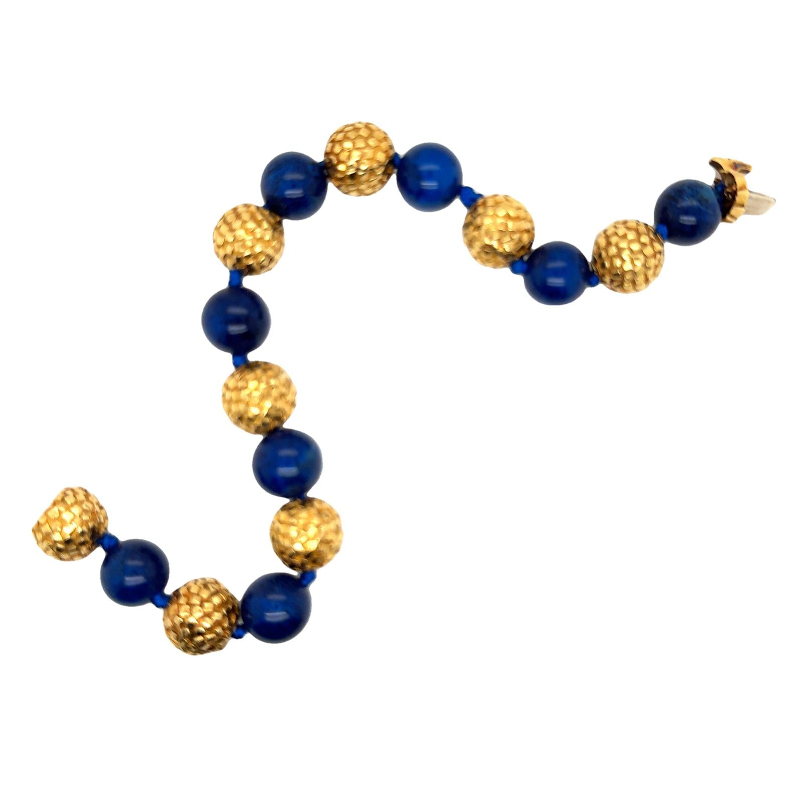 Lapis Lazuli Bead 18 Karat Yellow Textured Gold Ball Bracelet
