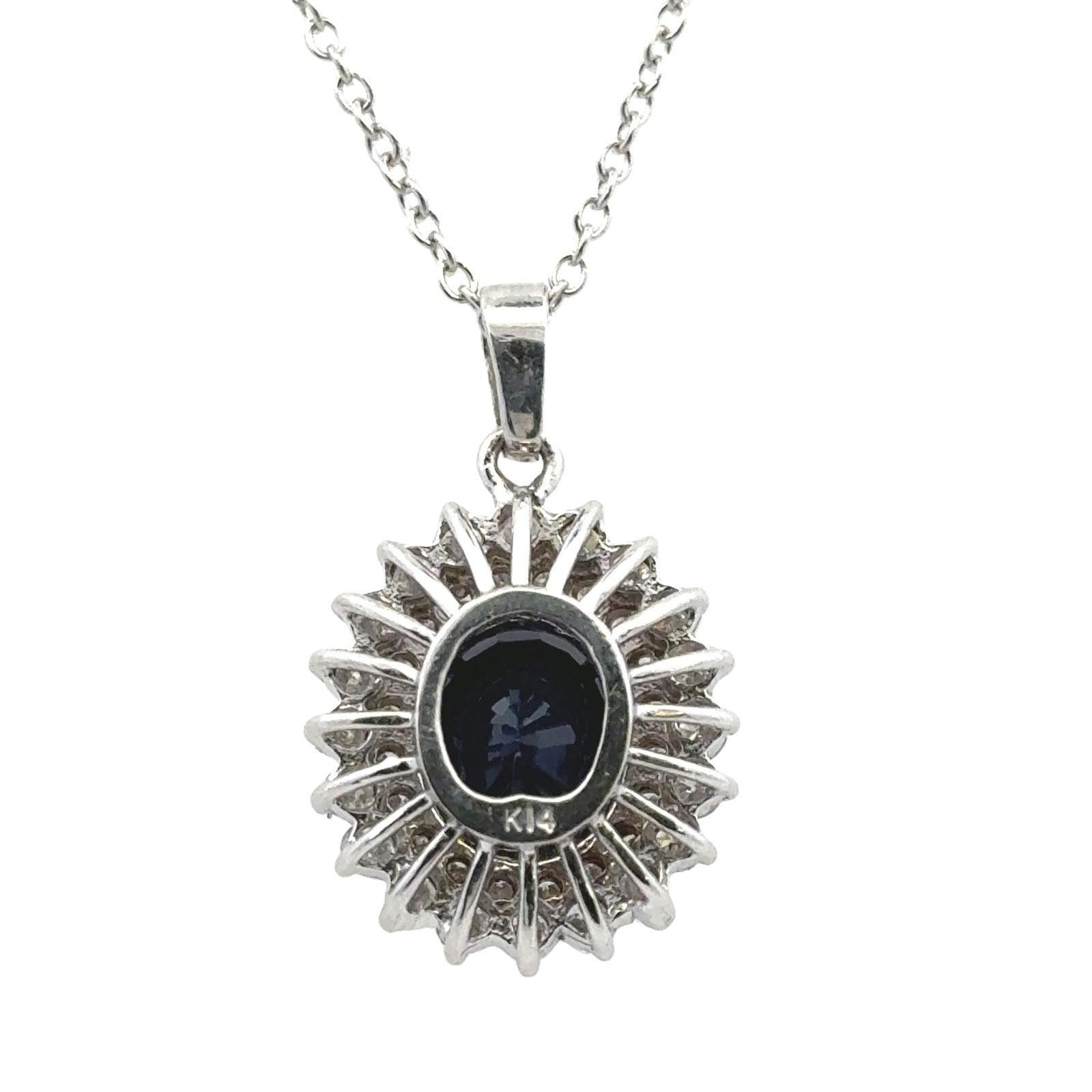 Oval Natural Blue Sapphire Diamond 14 Karat White Gold Pendant Necklace