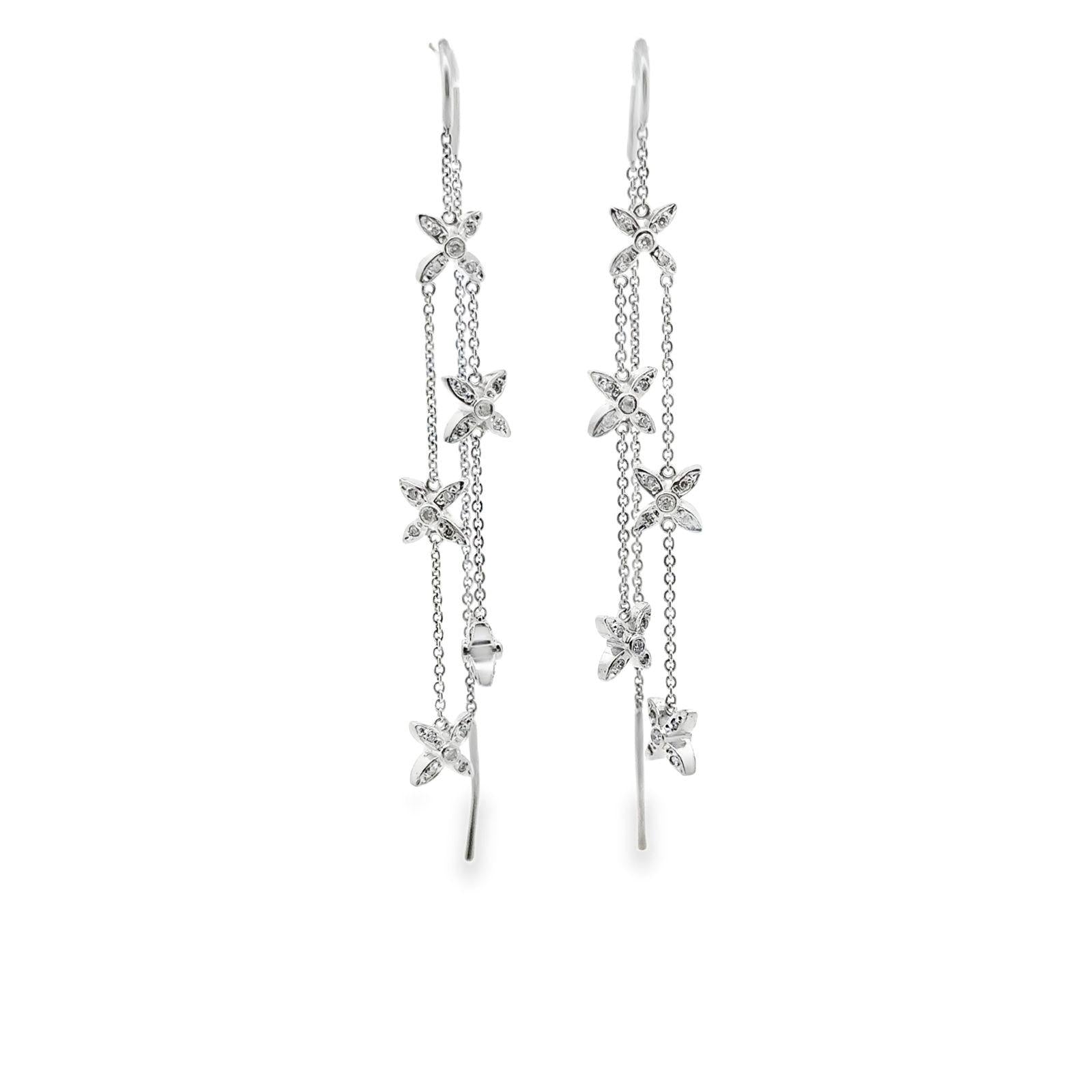 Diamond 14 Karat White Gold Threader Star Drop Dangle Modern Earrings