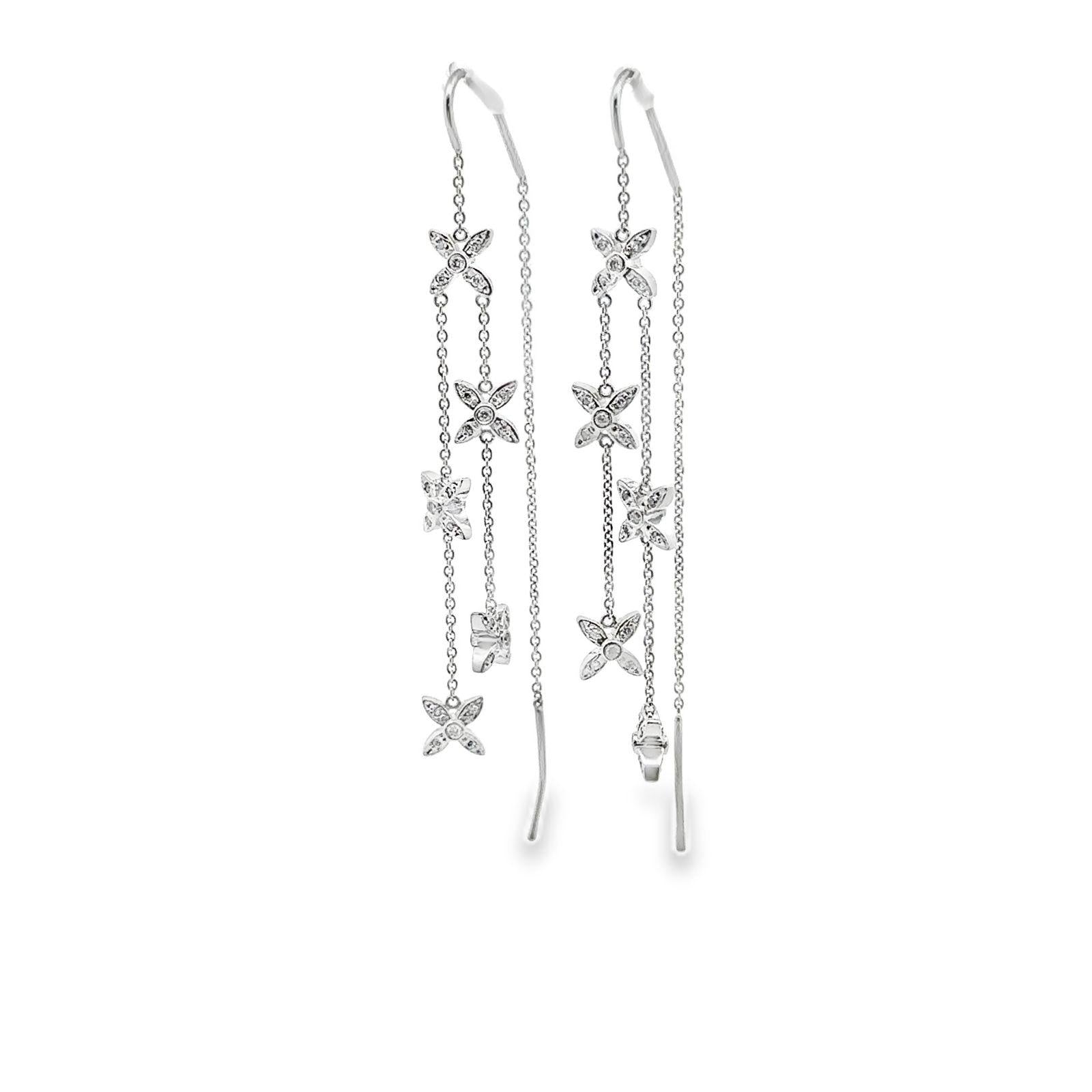 Diamond 14 Karat White Gold Threader Star Drop Dangle Modern Earrings
