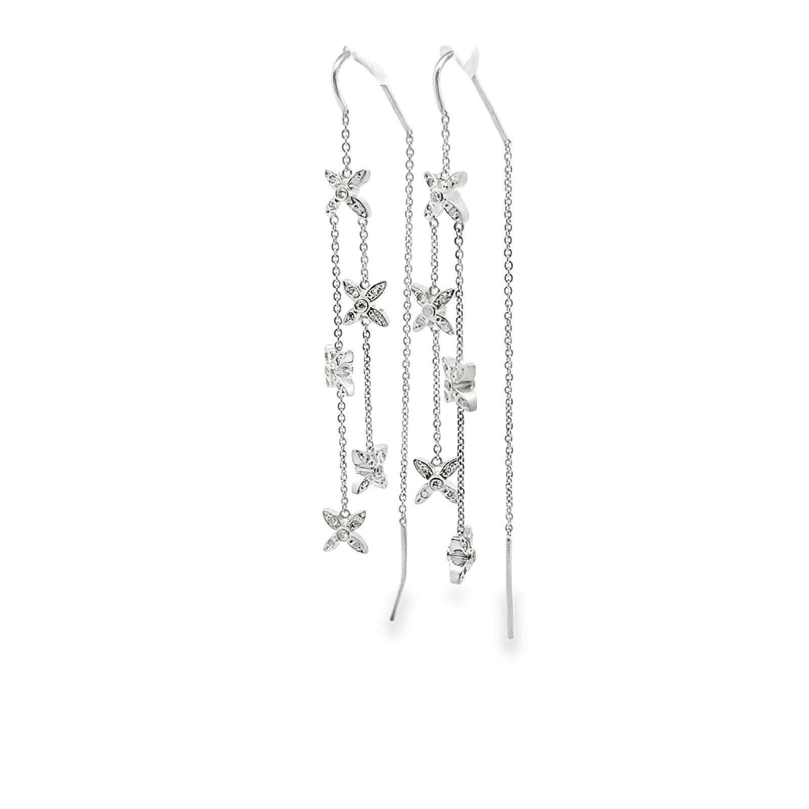 Diamond 14 Karat White Gold Threader Star Drop Dangle Modern Earrings