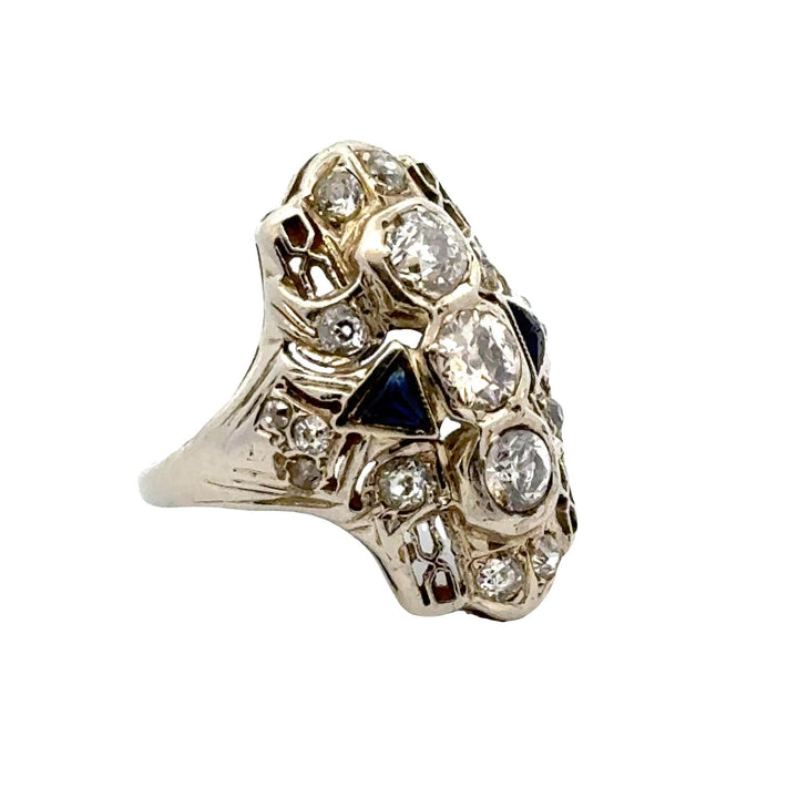 Art Deco Old European Cut Diamond 18 Karat White Gold Elongated Cocktail Ring
