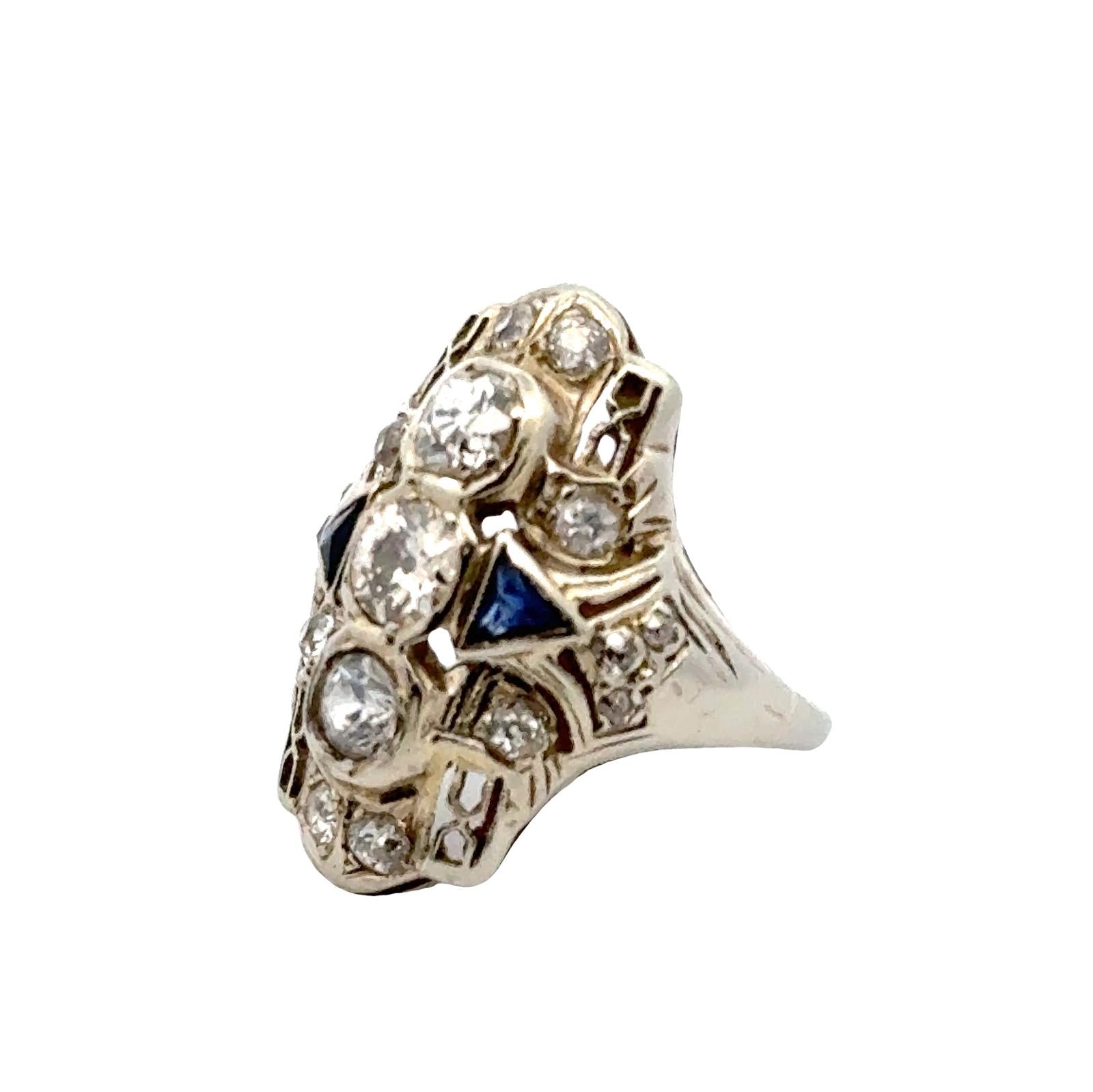 Art Deco Old European Cut Diamond 18 Karat White Gold Elongated Cocktail Ring