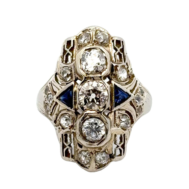 Art Deco Old European Cut Diamond 18 Karat White Gold Elongated Cocktail Ring