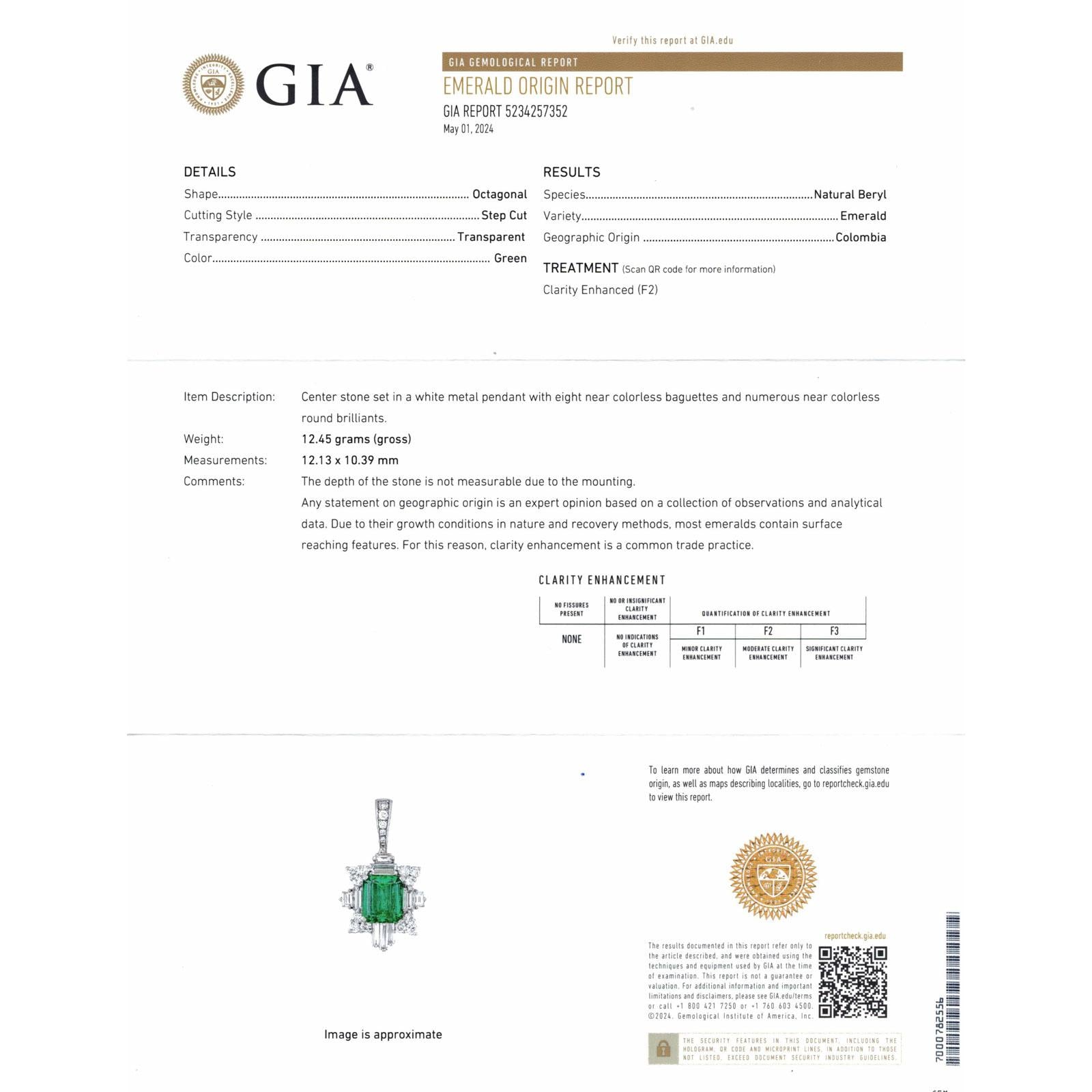 6.44 Carat Colombian Emerald Diamond 18 Karat White Gold Pendant Necklace