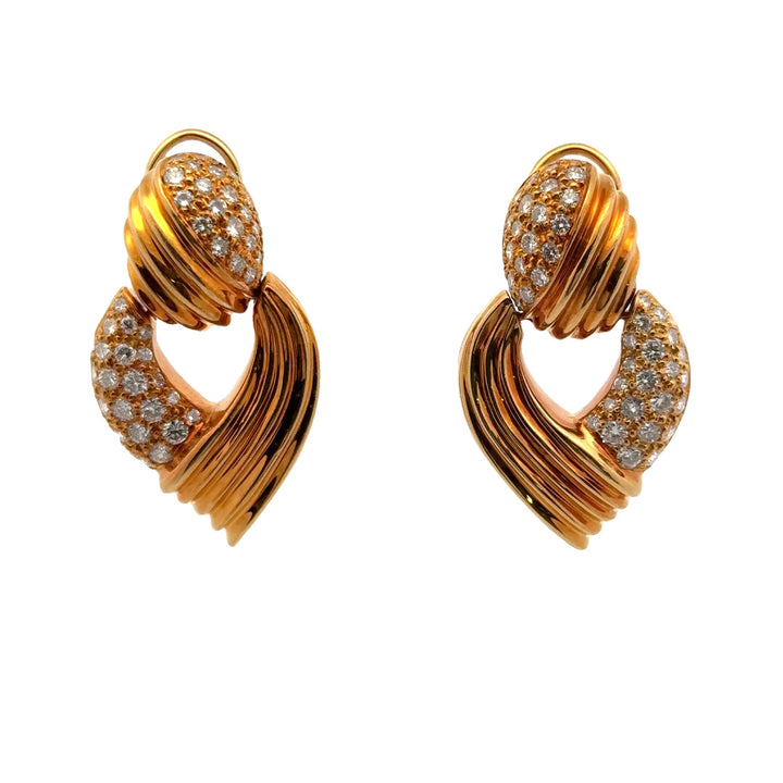 1960's Diamond 18 Karat Yellow Gold Door Knocker Leverback Vintage Earrings