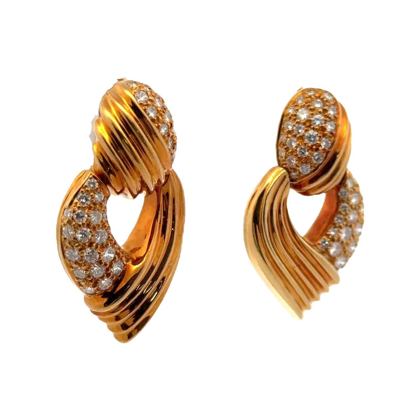 1960's Diamond 18 Karat Yellow Gold Door Knocker Leverback Vintage Earrings