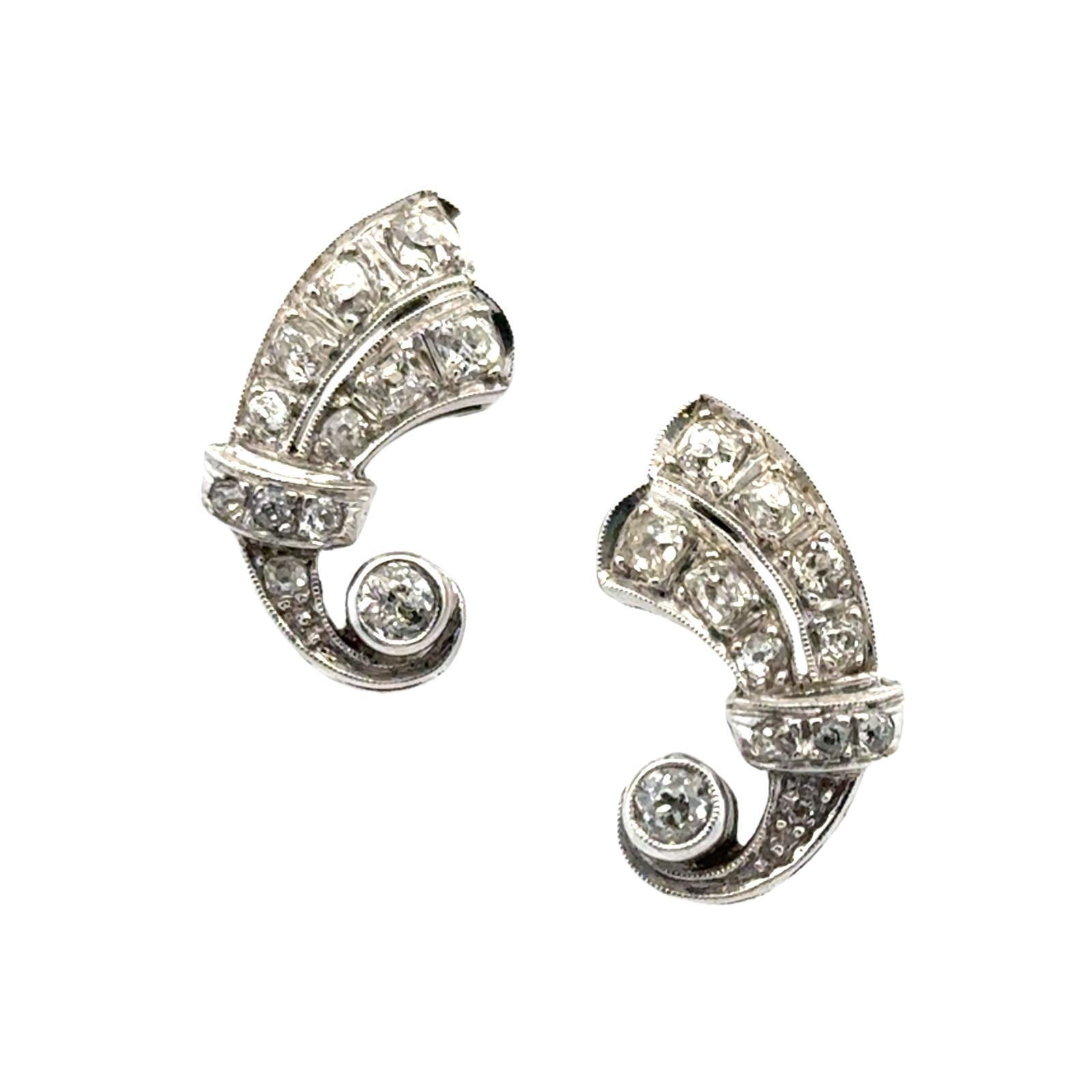 Old Mine Cut Diamond 14 Karat White Gold Swirl Drop Antique Earrings