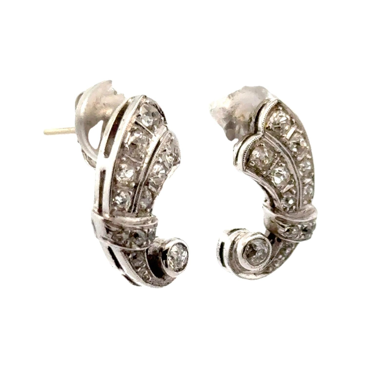 Old Mine Cut Diamond 14 Karat White Gold Swirl Drop Antique Earrings
