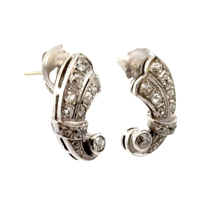 Old Mine Cut Diamond 14 Karat White Gold Swirl Drop Antique Earrings