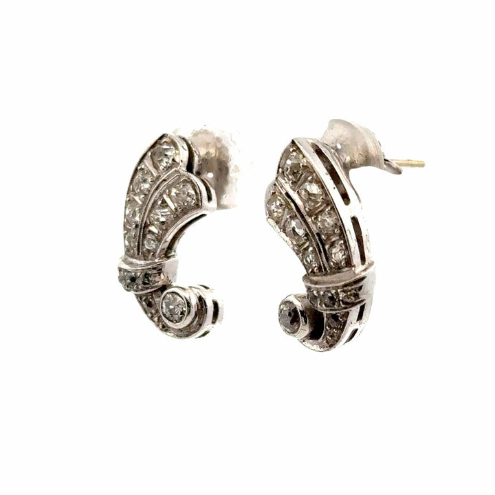 Old Mine Cut Diamond 14 Karat White Gold Swirl Drop Antique Earrings