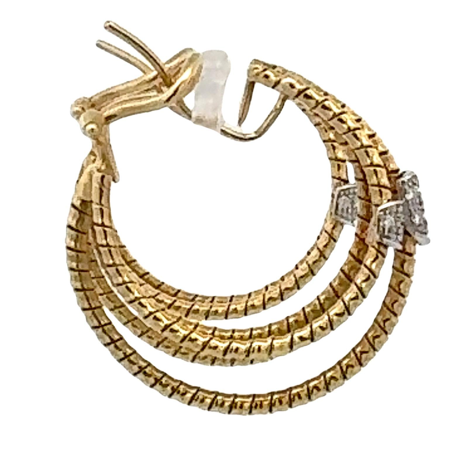 Diamond Three Row 18 Karat Yellow Gold Hoop Leverback Earrings