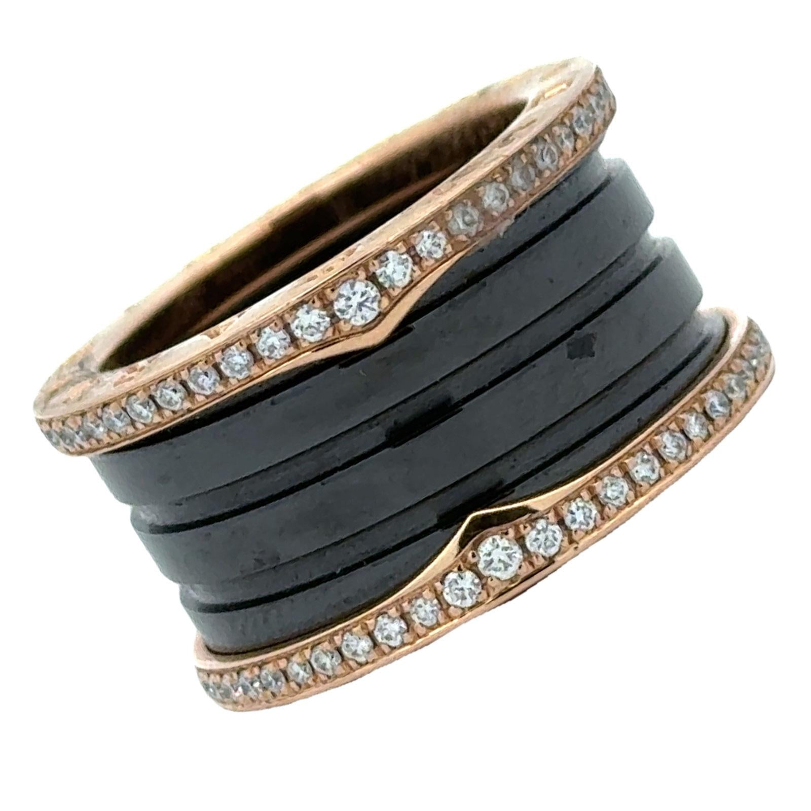 Bvlgari Diamond Black Ceramic 18K Rose Gold Ring Size (52) NEW B&P's