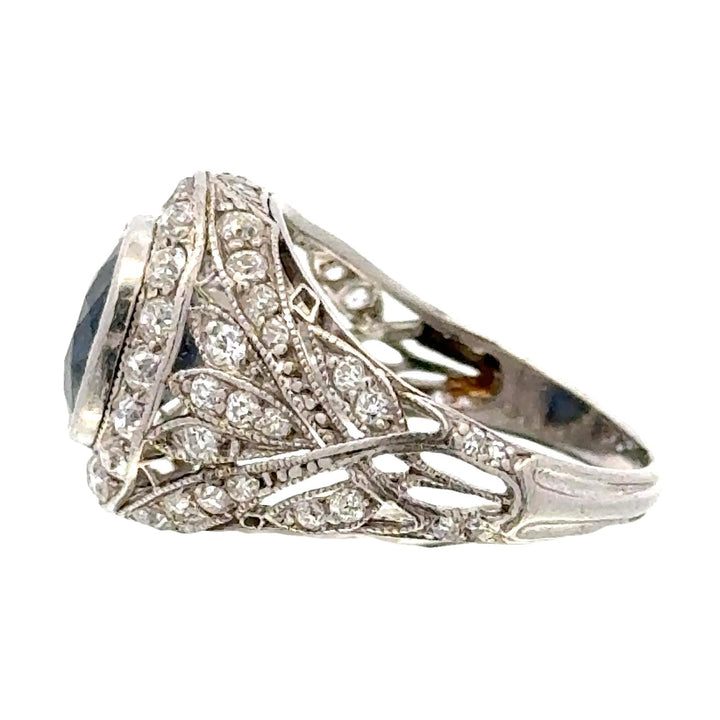 Art Deco Diamond Cushion Cut Natural Blue Sapphire Platinum Cocktail Ring