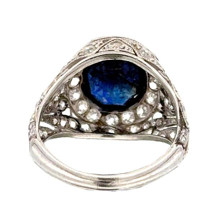 Art Deco Diamond Cushion Cut Natural Blue Sapphire Platinum Cocktail Ring