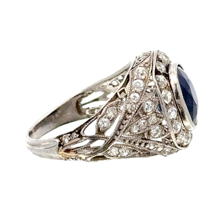 Art Deco Diamond Cushion Cut Natural Blue Sapphire Platinum Cocktail Ring