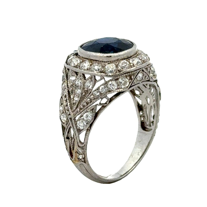 Art Deco Diamond Cushion Cut Natural Blue Sapphire Platinum Cocktail Ring