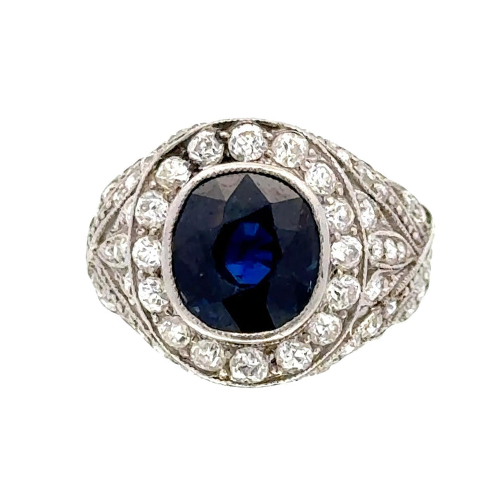 Art Deco Diamond Cushion Cut Natural Blue Sapphire Platinum Cocktail Ring