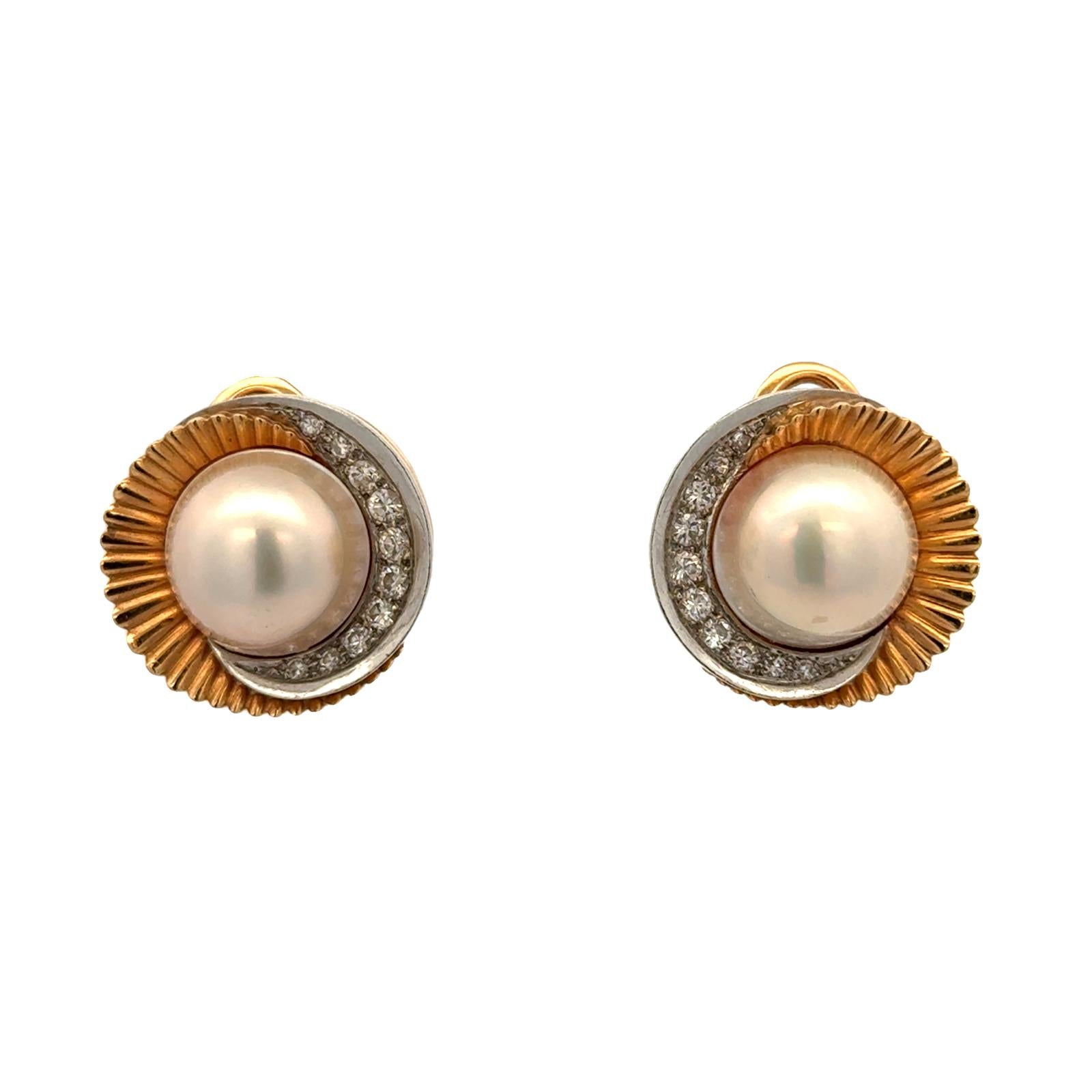 Late 20th Century Diamond & Mabe Pearl 18 Karat Gold Swirl Leverback Earrings