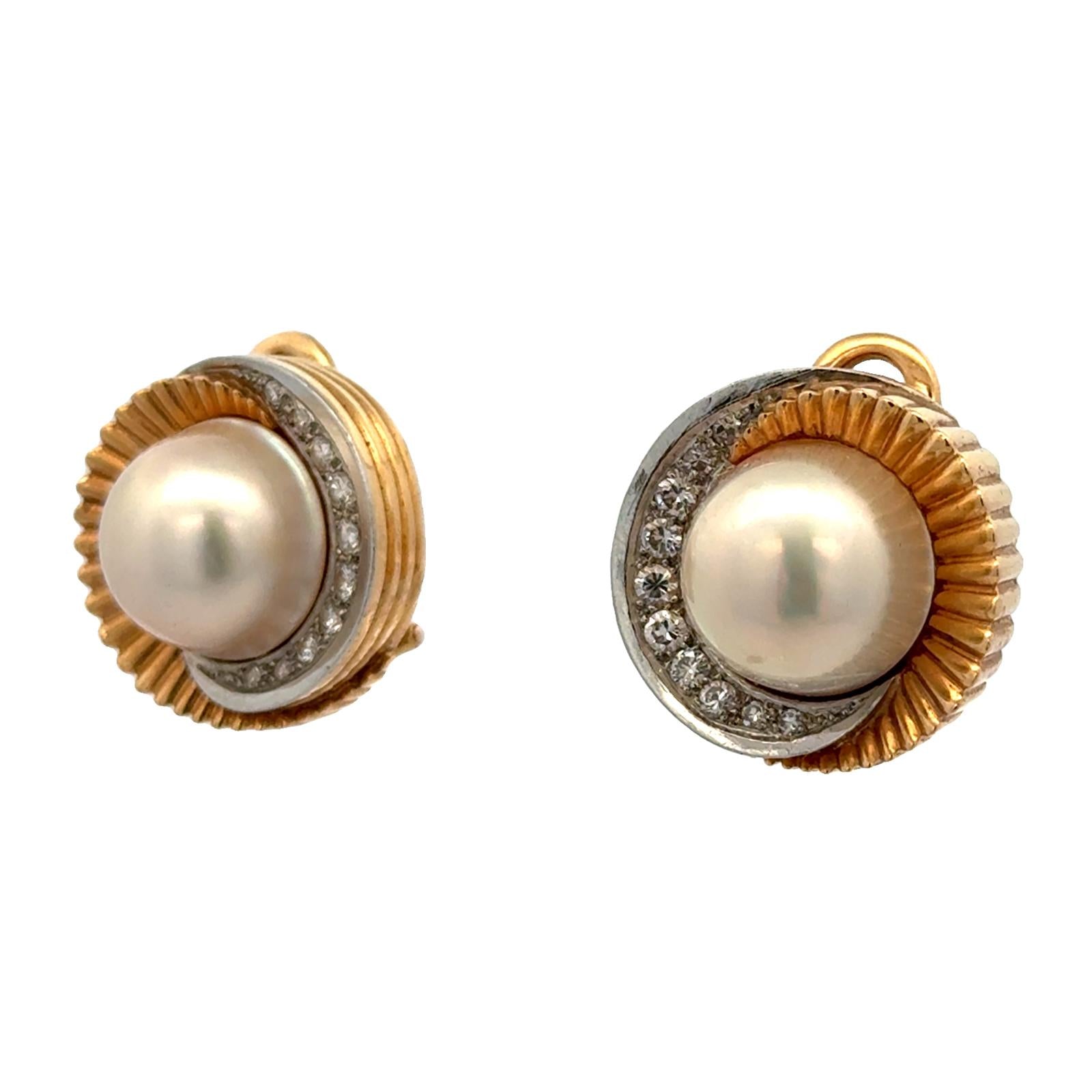 Late 20th Century Diamond & Mabe Pearl 18 Karat Gold Swirl Leverback Earrings