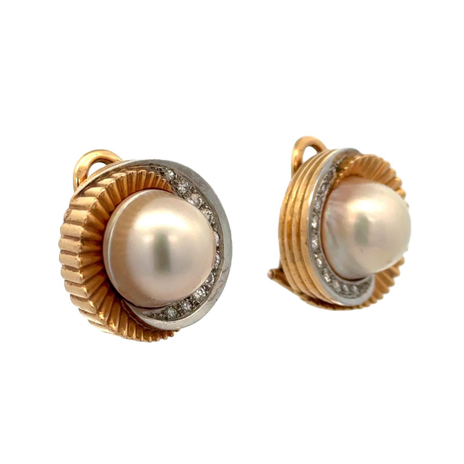 Late 20th Century Diamond & Mabe Pearl 18 Karat Gold Swirl Leverback Earrings