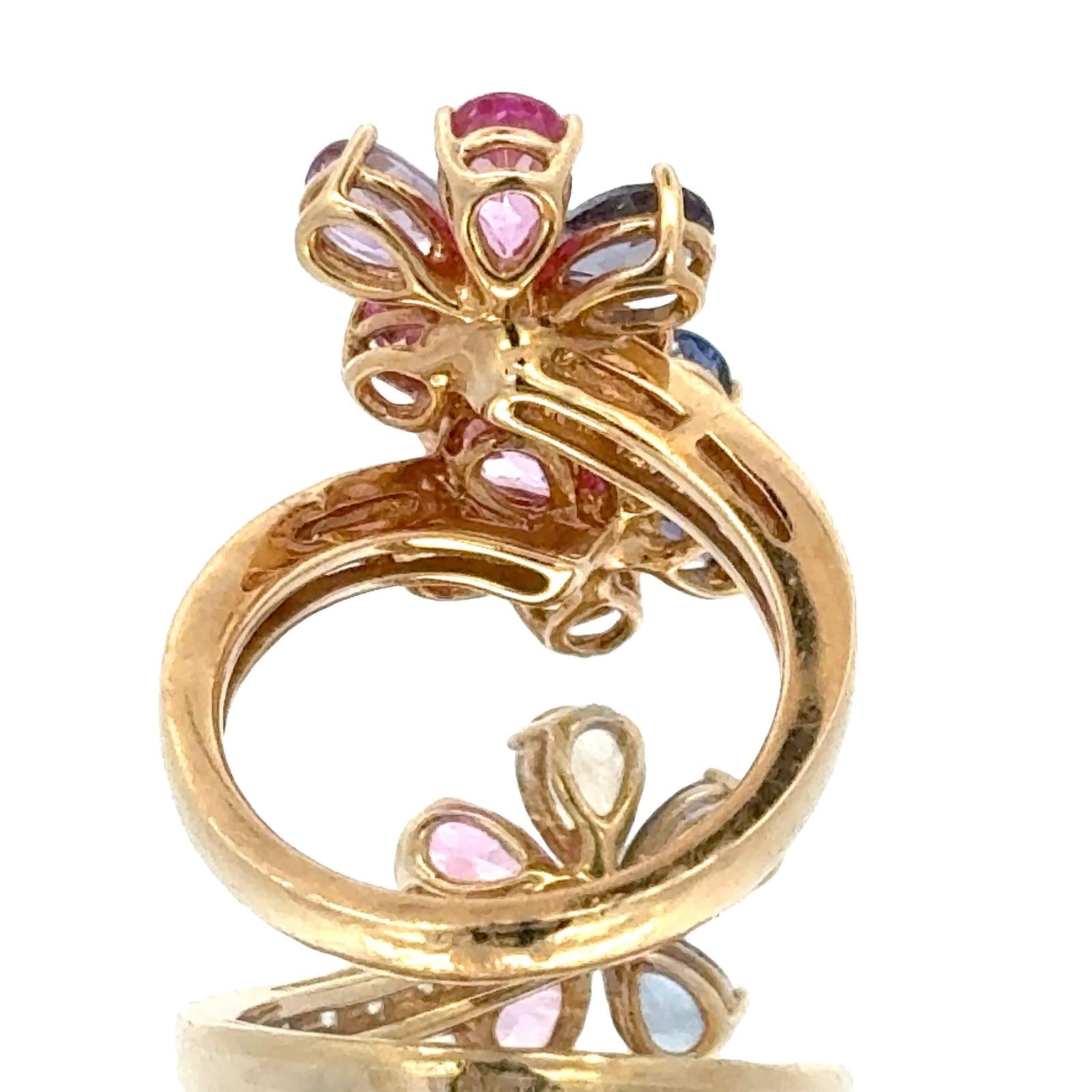 Diamond Colored Gemstone 14 Karat Yellow Gold Bypass Floral Ring