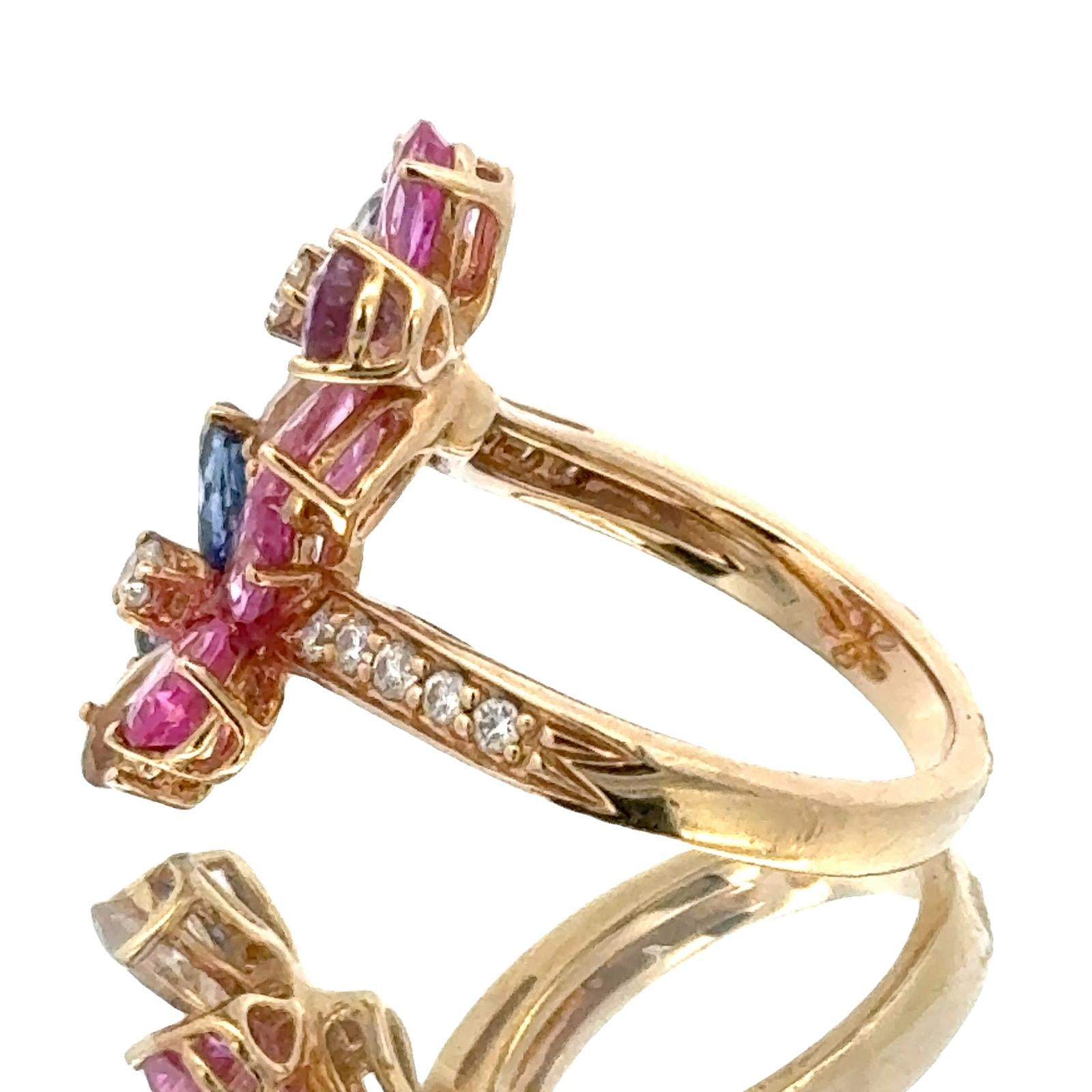 Diamond Colored Gemstone 14 Karat Yellow Gold Bypass Floral Ring