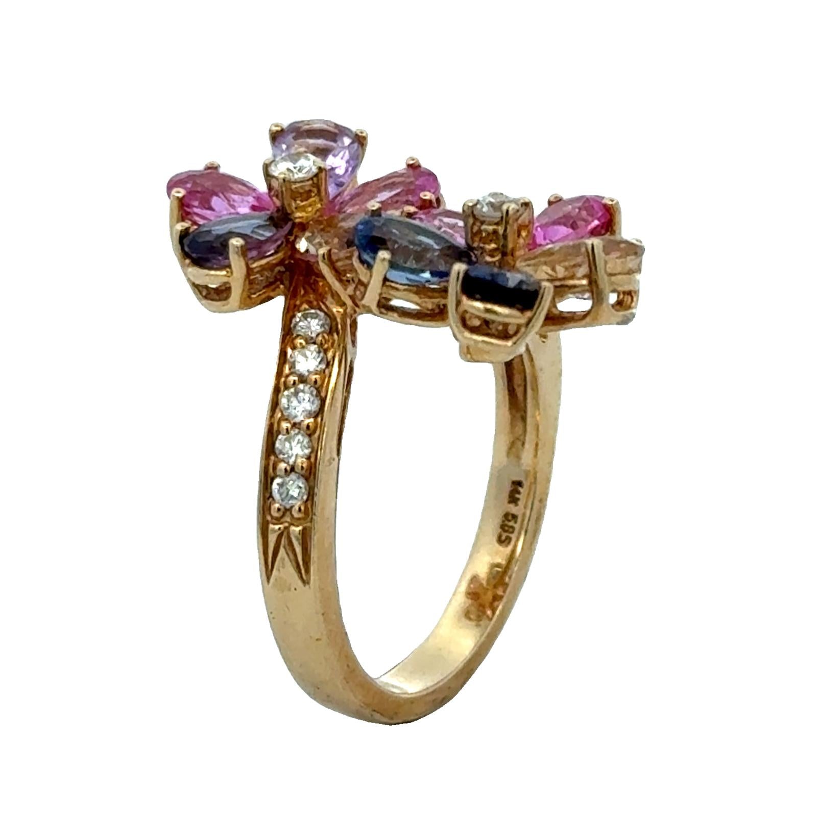 Diamond Colored Gemstone 14 Karat Yellow Gold Bypass Floral Ring