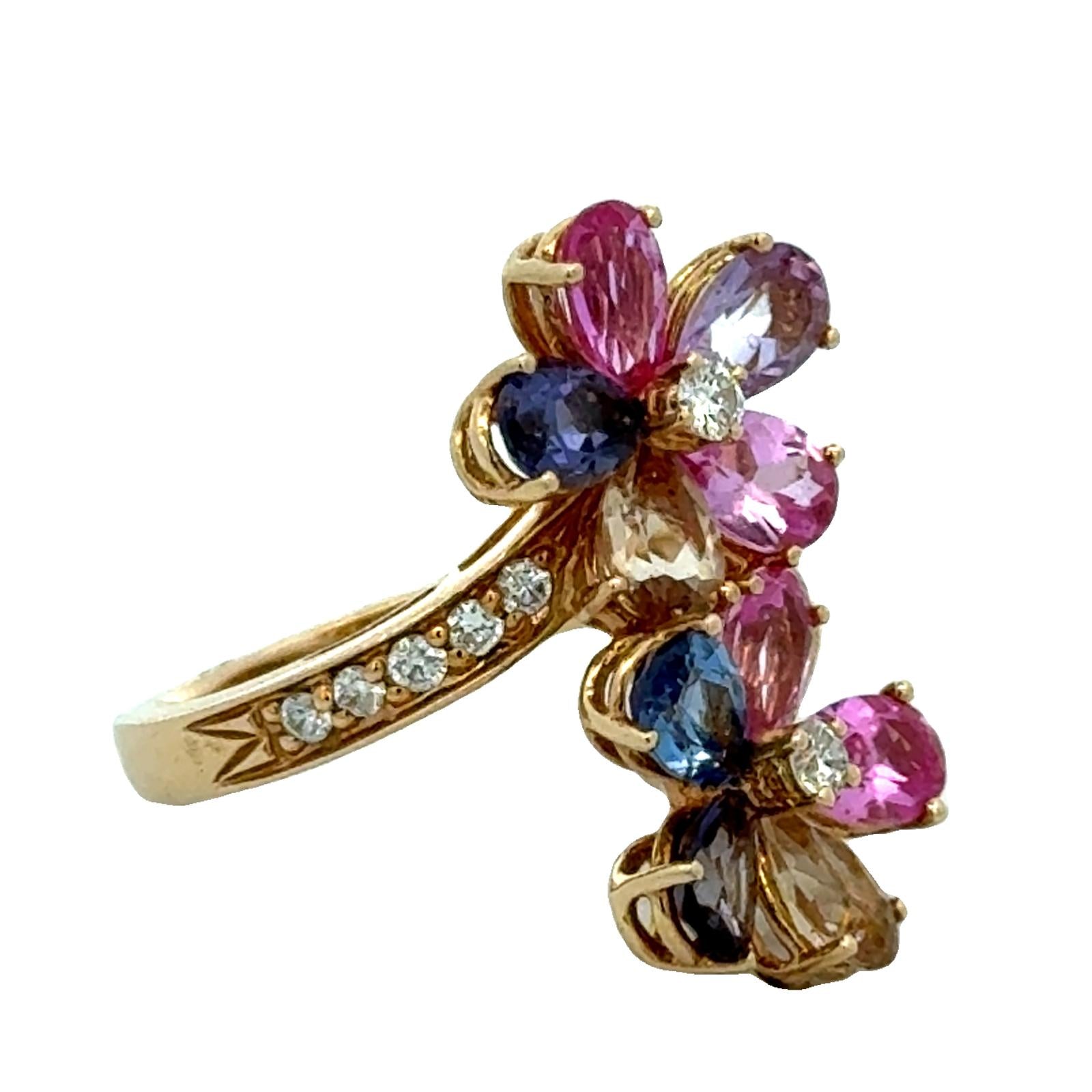 Diamond Colored Gemstone 14 Karat Yellow Gold Bypass Floral Ring