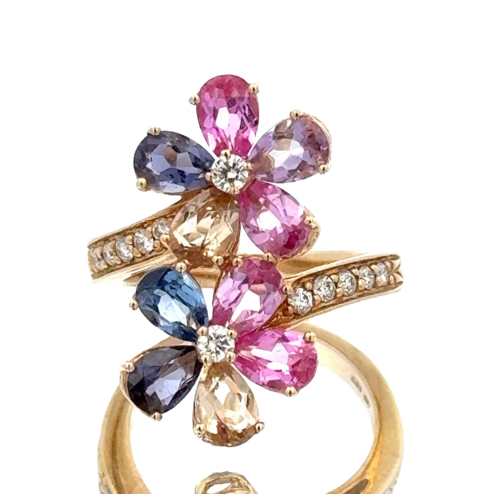 Diamond Colored Gemstone 14 Karat Yellow Gold Bypass Floral Ring