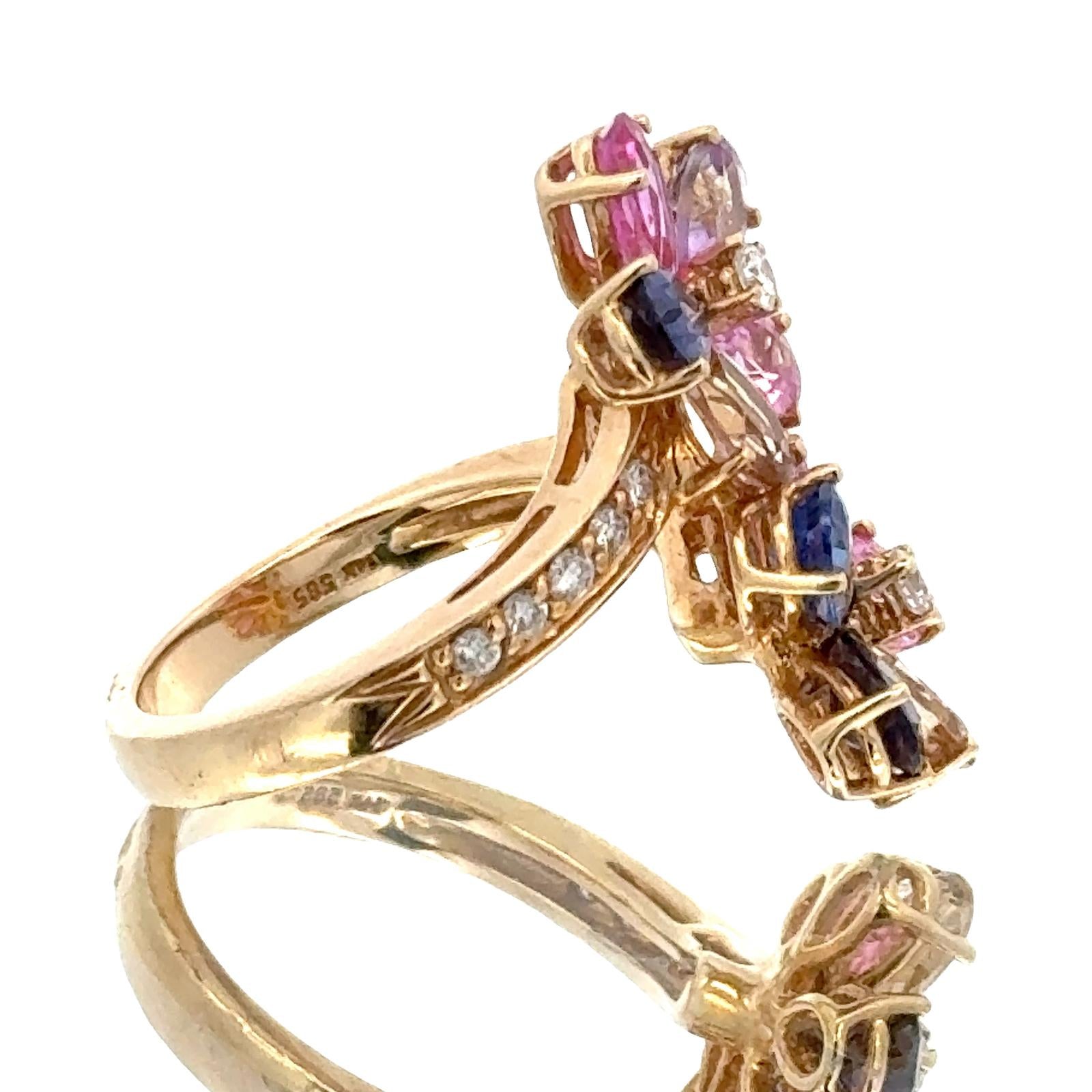 Diamond Colored Gemstone 14 Karat Yellow Gold Bypass Floral Ring