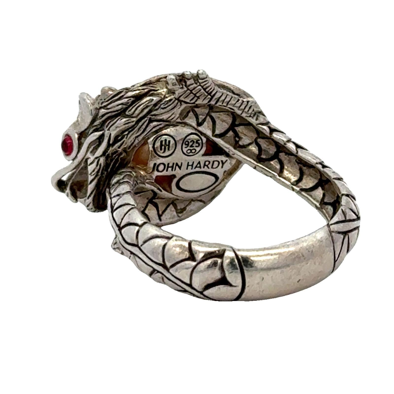 John Hardy Dragon Sterling Silver Ring with Pearl & Black Sapphire
