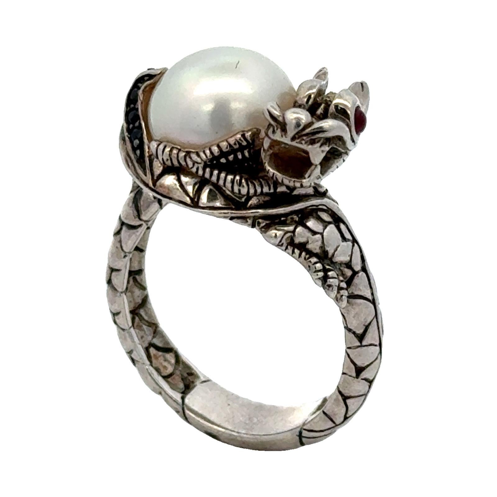 John Hardy Dragon Sterling Silver Ring with Pearl & Black Sapphire