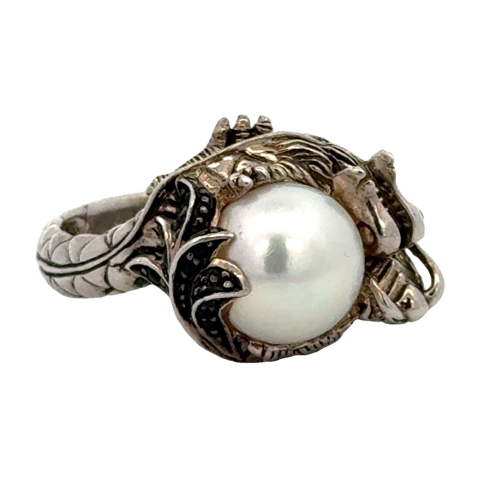 John Hardy Dragon Sterling Silver Ring with Pearl & Black Sapphire