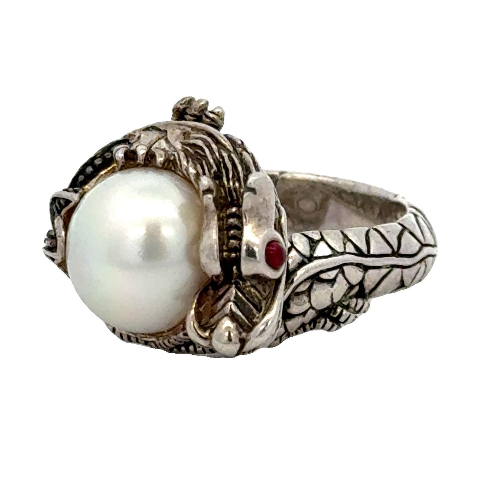 John Hardy Dragon Sterling Silver Ring with Pearl & Black Sapphire
