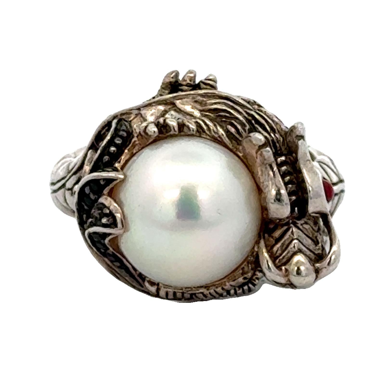 John Hardy Dragon Sterling Silver Ring with Pearl & Black Sapphire