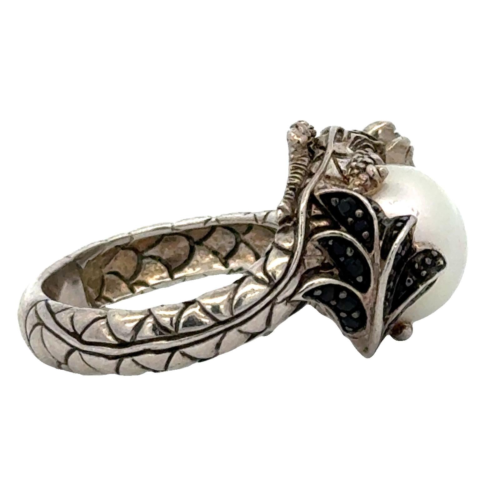 John Hardy Dragon Sterling Silver Ring with Pearl & Black Sapphire