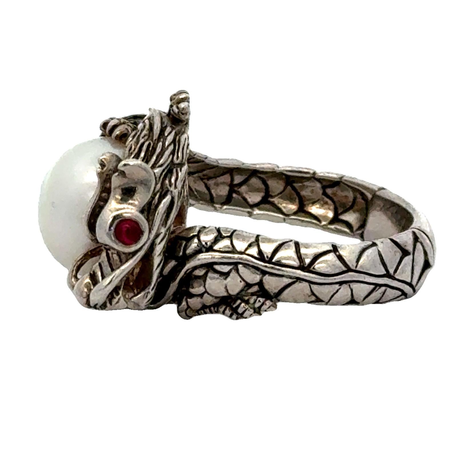 John Hardy Dragon Sterling Silver Ring with Pearl & Black Sapphire