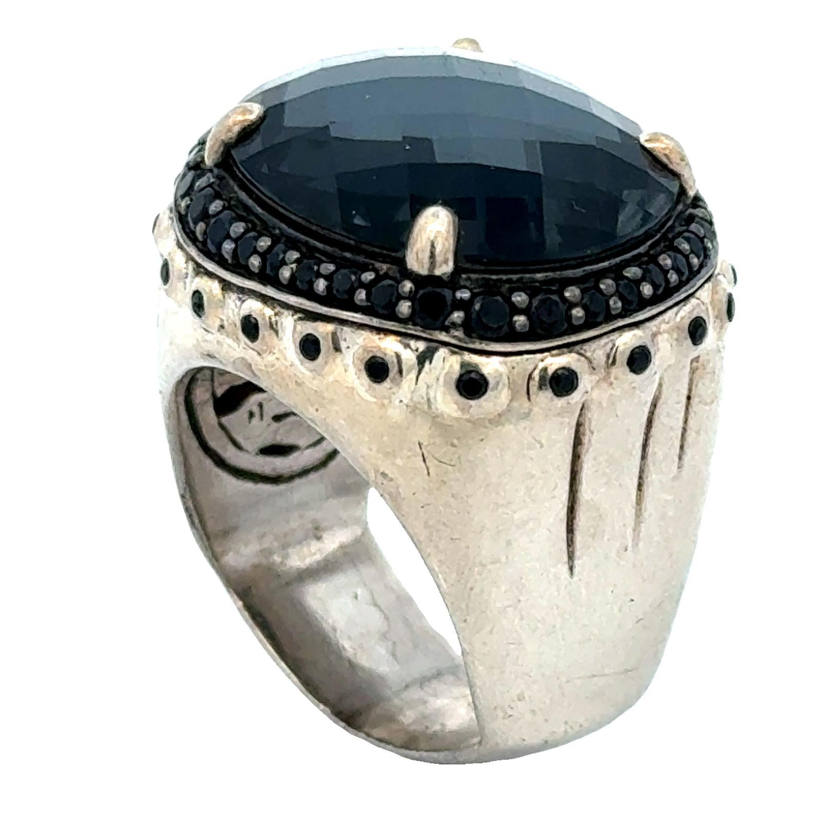 John Hardy Faceted Hematite Black Gemstone & Spinel Accent Silver Bamboo Ring