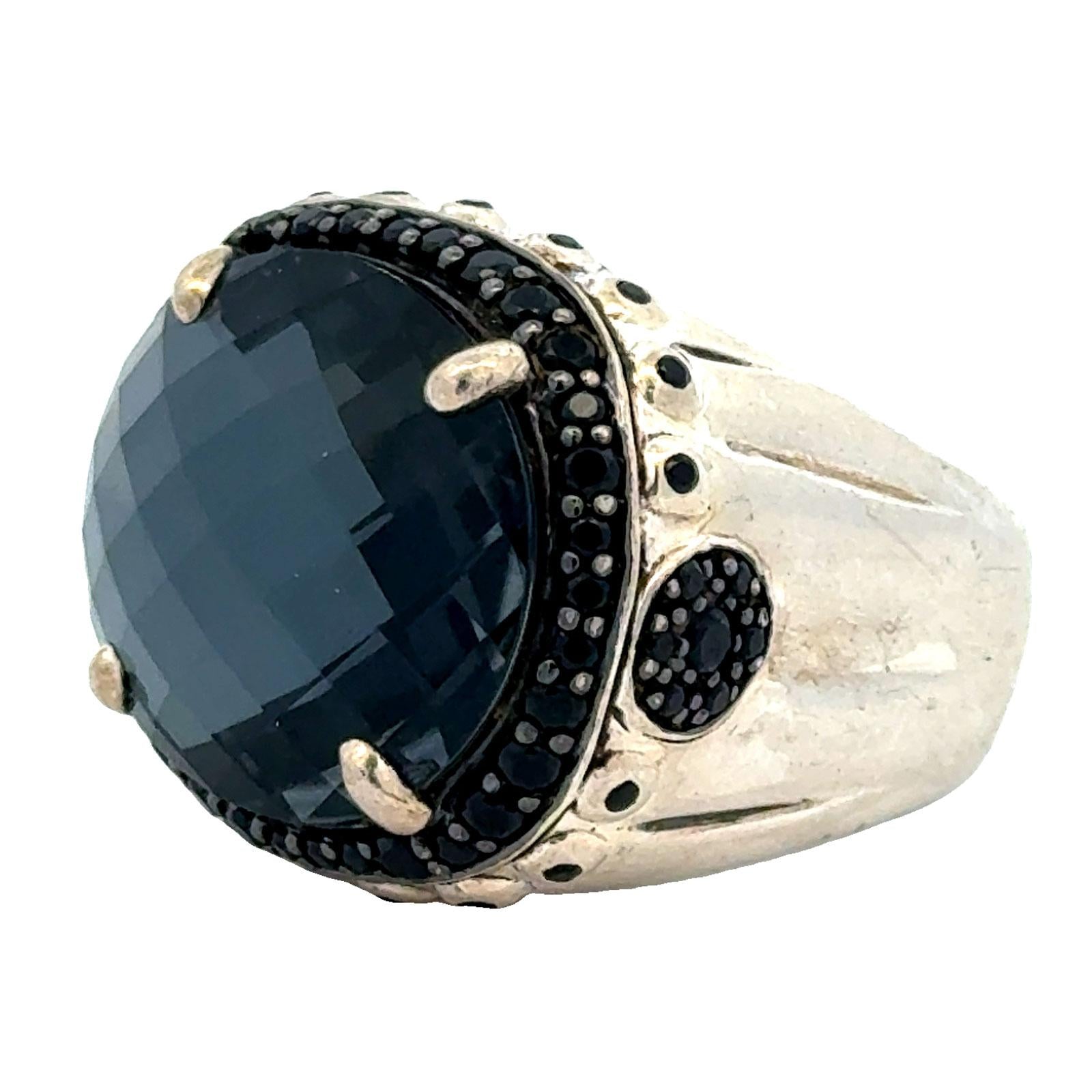 John Hardy Faceted Hematite Black Gemstone & Spinel Accent Silver Bamboo Ring