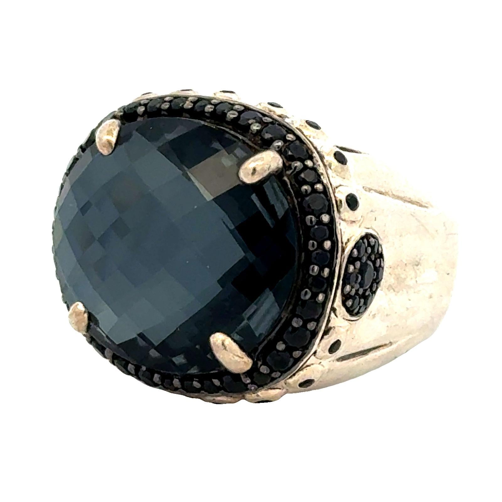 John Hardy Faceted Hematite Black Gemstone & Spinel Accent Silver Bamboo Ring