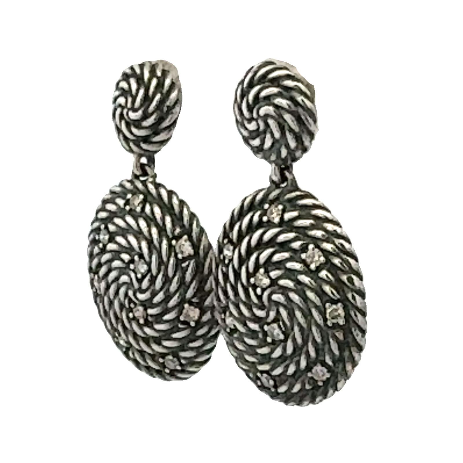 David Yurman Diamond Sterling Silver Cable Coil Drop Earrings