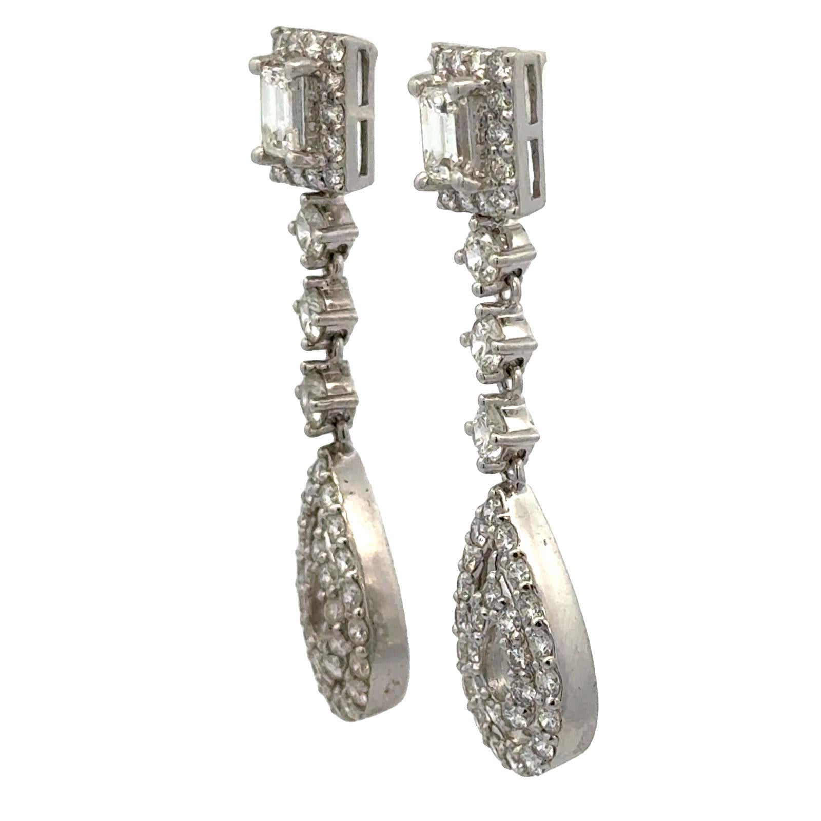 4 CTW Diamond Dangle Drop 14 Karat White Gold Screw Back Earrings