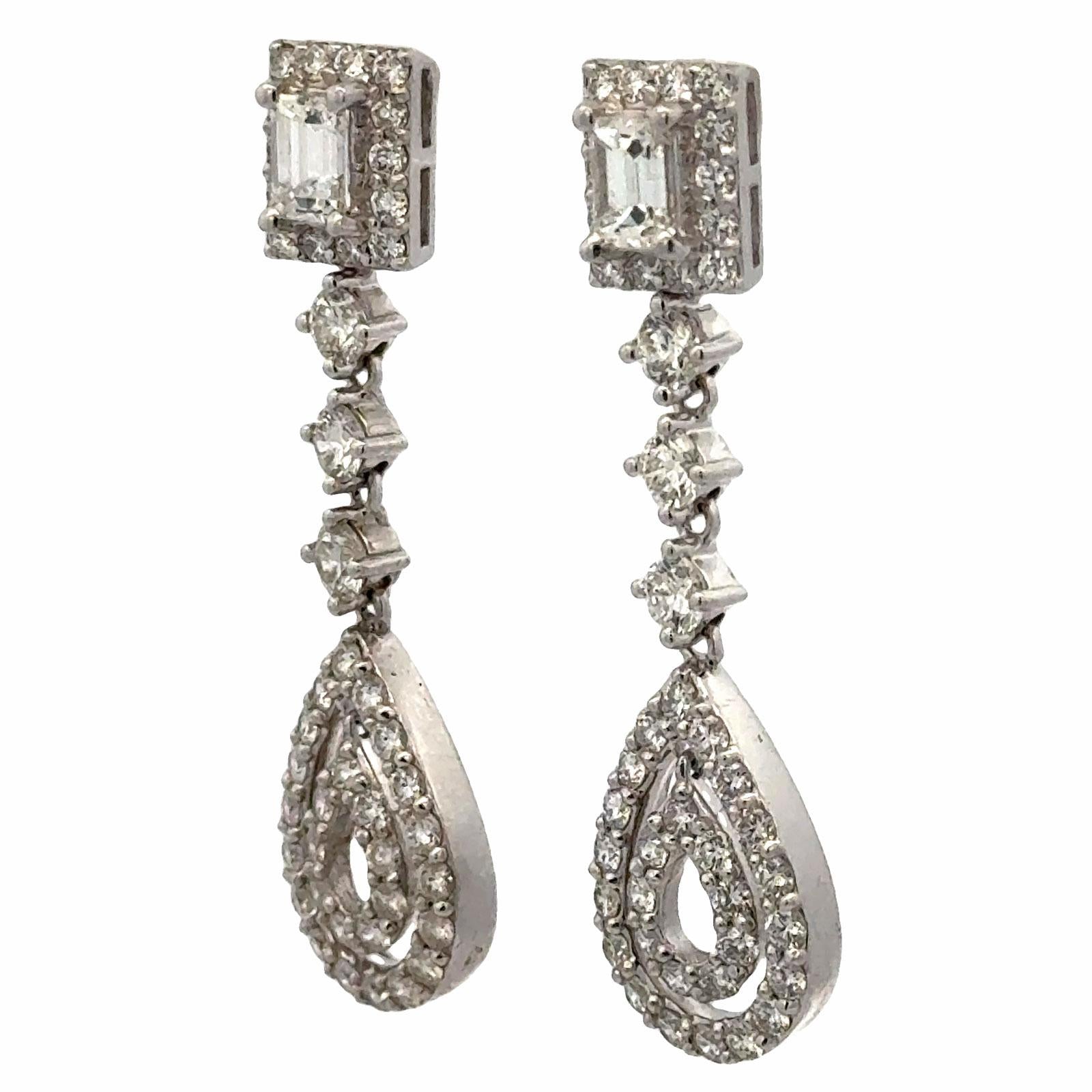 4 CTW Diamond Dangle Drop 14 Karat White Gold Screw Back Earrings