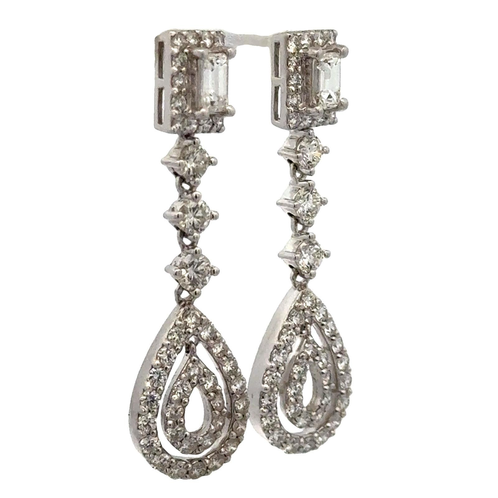 4 CTW Diamond Dangle Drop 14 Karat White Gold Screw Back Earrings