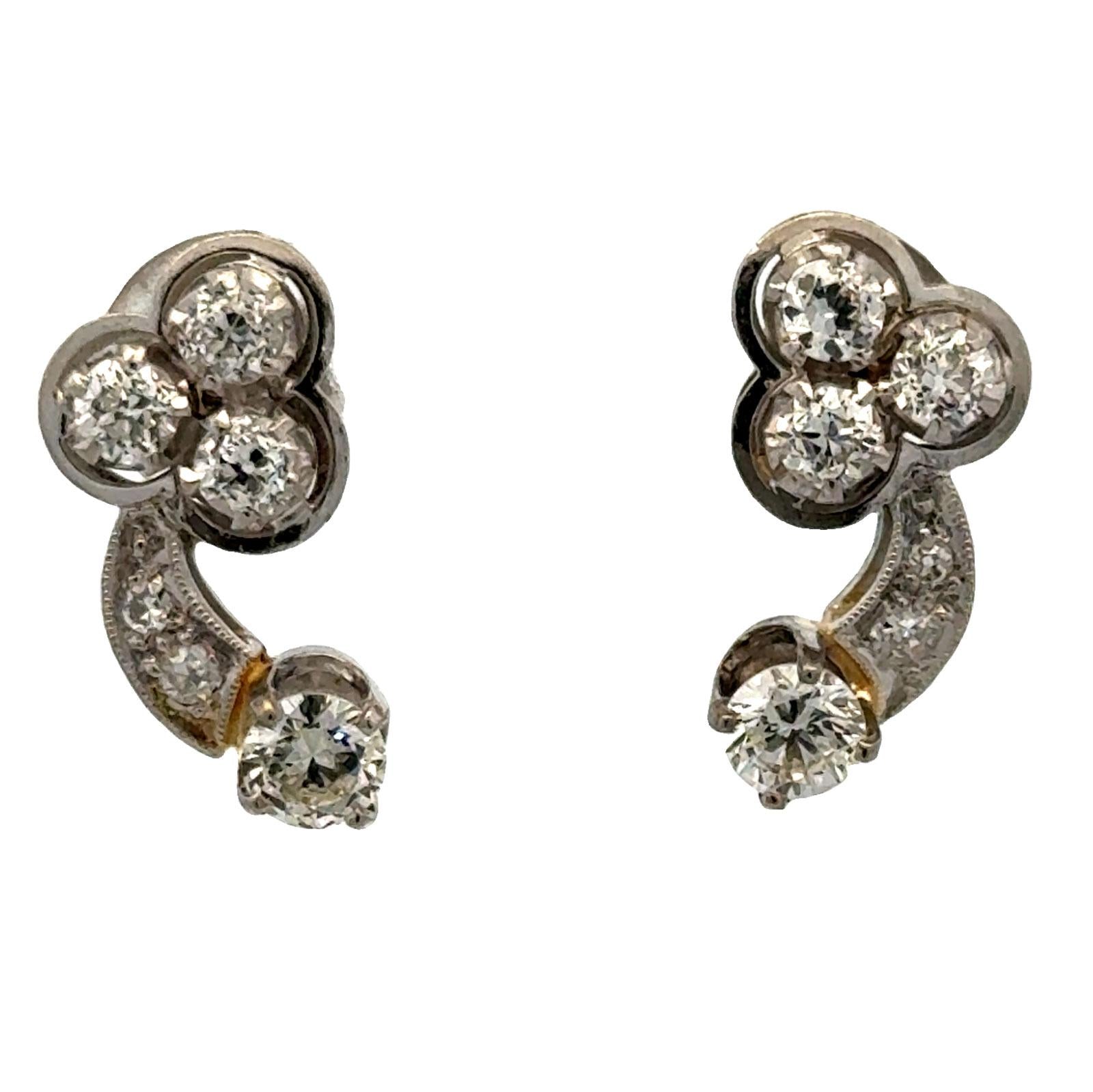 1950's Diamond 14 Karat White Gold Vintage Drop Earrings