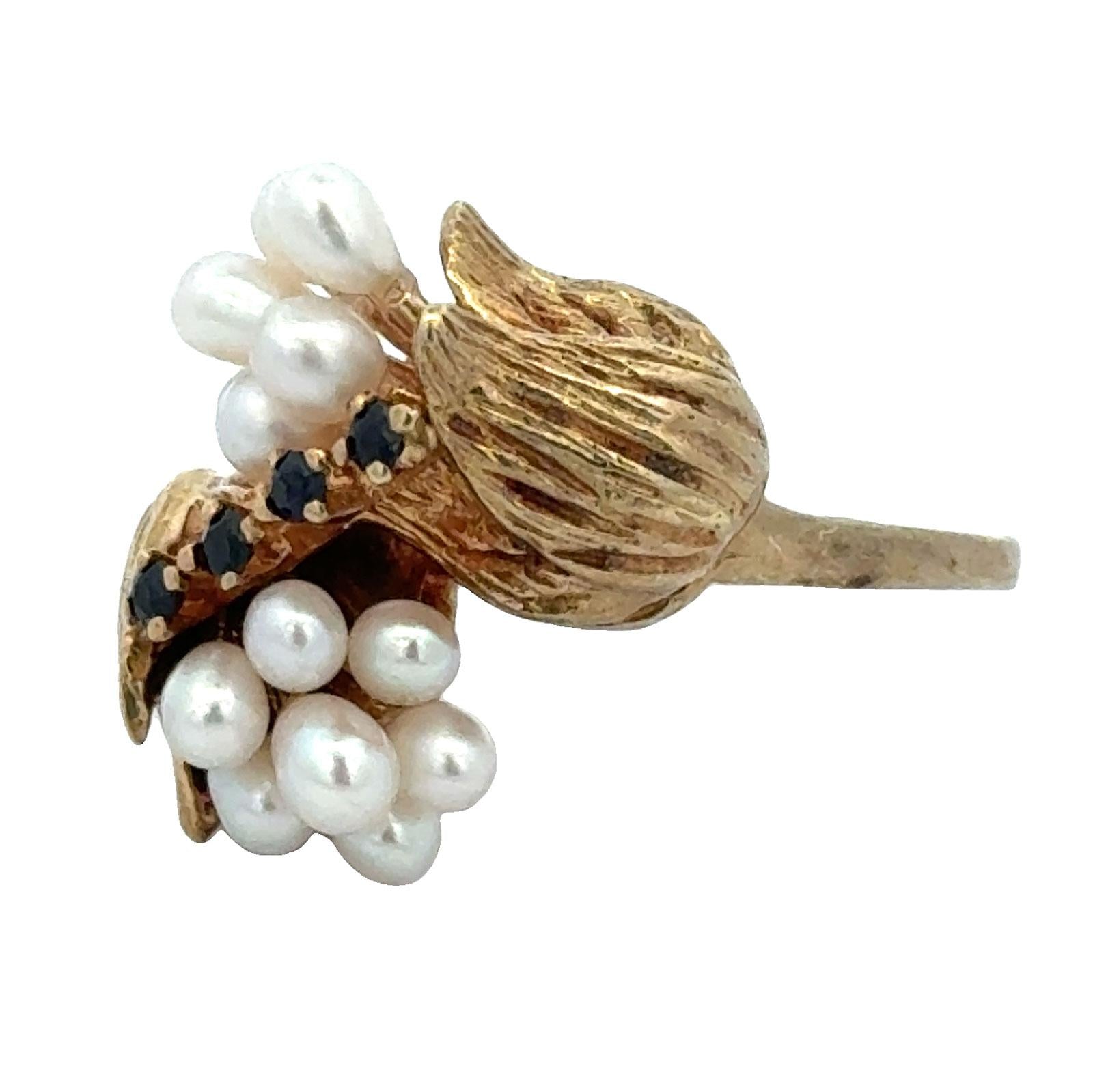 Late-20th Century Cultured Pearl Sapphire 14K Yellow Gold Vintage Tulip Ring