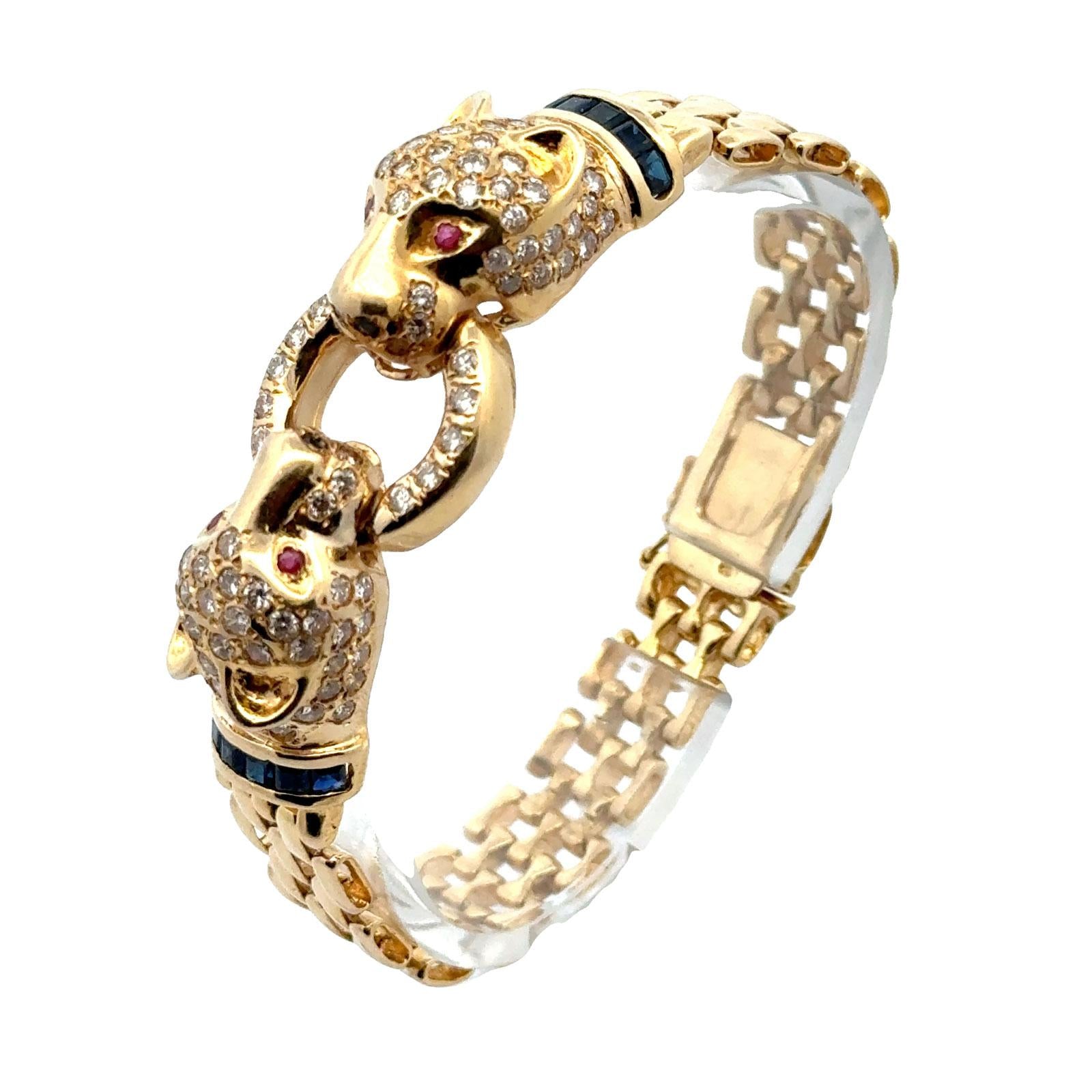 Diamond 14 Karat Yellow Gold Panther Bracelet Accent Rubies & Sapphires