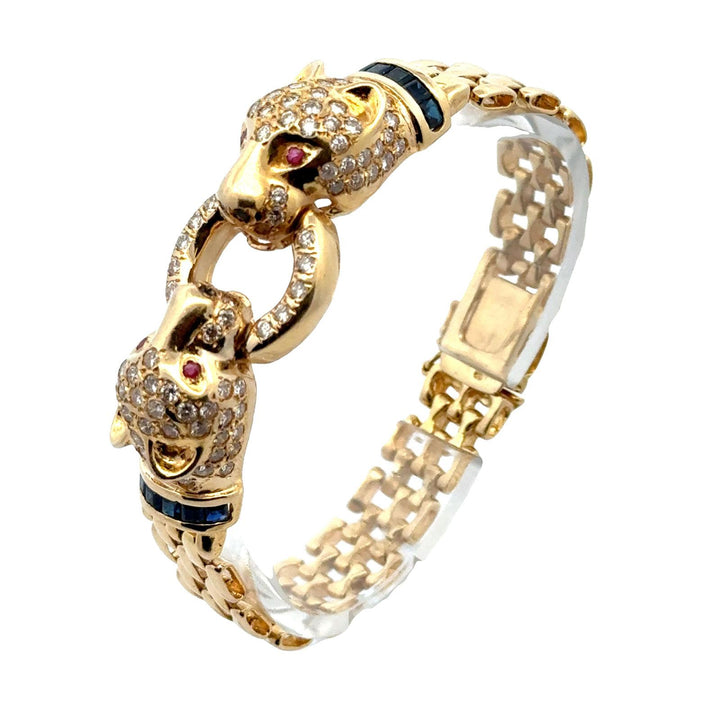 Diamond 14 Karat Yellow Gold Panther Bracelet Accent Rubies & Sapphires